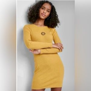Yellow Sunny Long Sleeve Ribbed Above the Knee Dress, Size Small